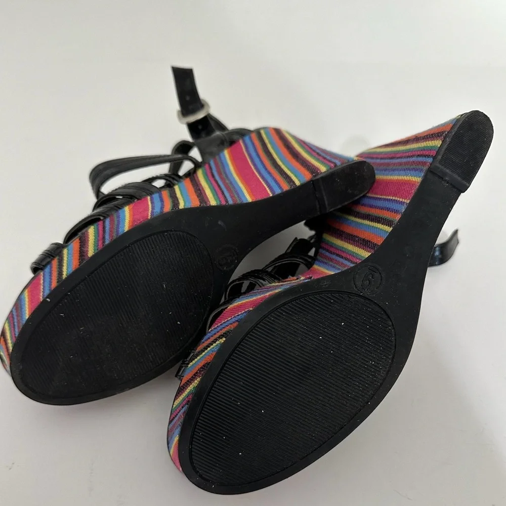 Westies Black with Multicolored Stripe Platform Wedge Sandals Size 9